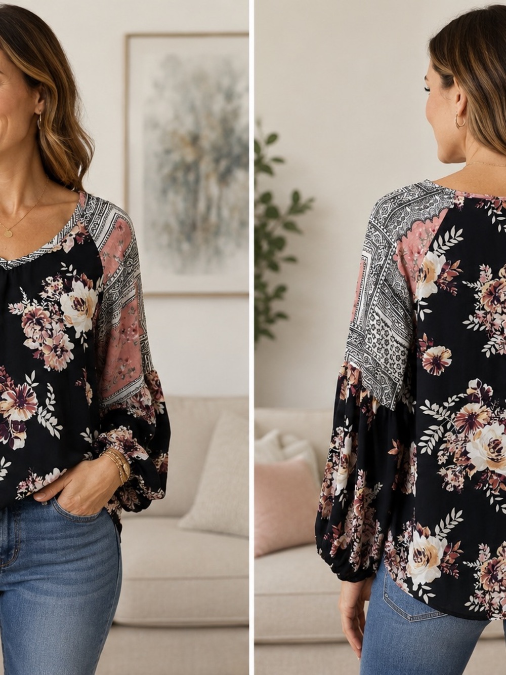 ODDY Floral V-Neck Peasant Blouse in Black and Blush